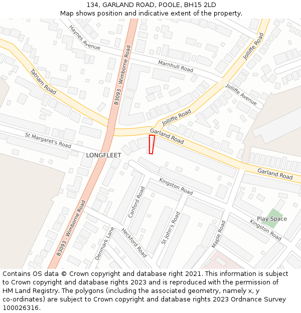 134, GARLAND ROAD, POOLE, BH15 2LD: Location map and indicative extent of plot