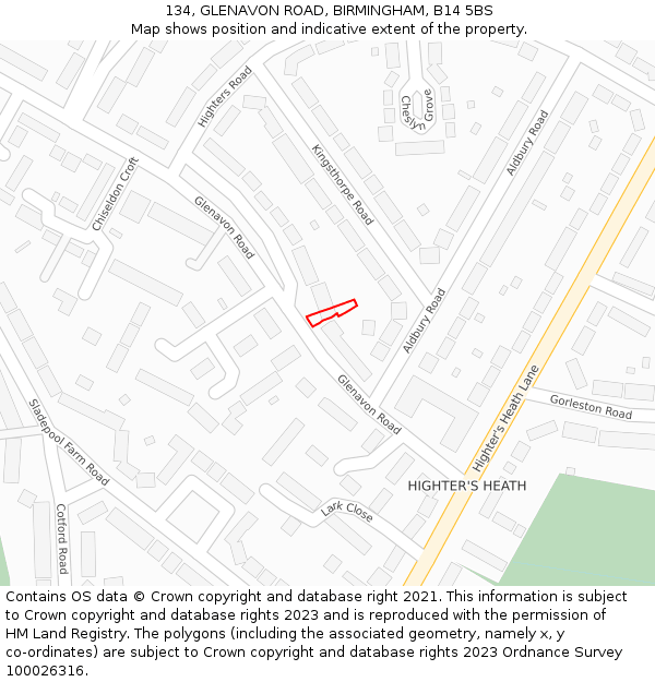 134, GLENAVON ROAD, BIRMINGHAM, B14 5BS: Location map and indicative extent of plot