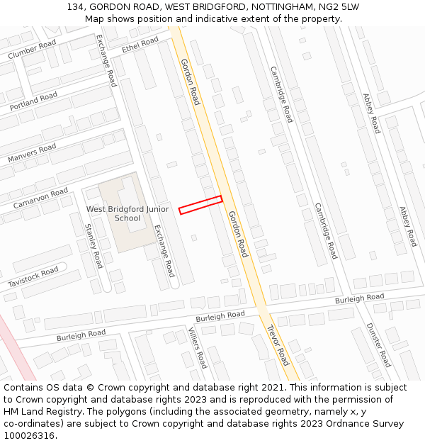 134, GORDON ROAD, WEST BRIDGFORD, NOTTINGHAM, NG2 5LW: Location map and indicative extent of plot