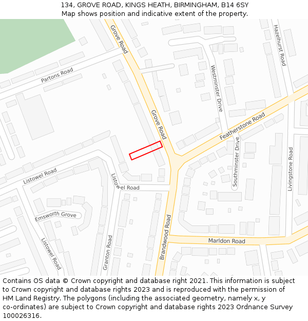 134, GROVE ROAD, KINGS HEATH, BIRMINGHAM, B14 6SY: Location map and indicative extent of plot