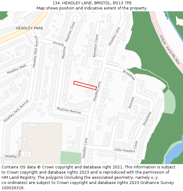 134, HEADLEY LANE, BRISTOL, BS13 7PE: Location map and indicative extent of plot