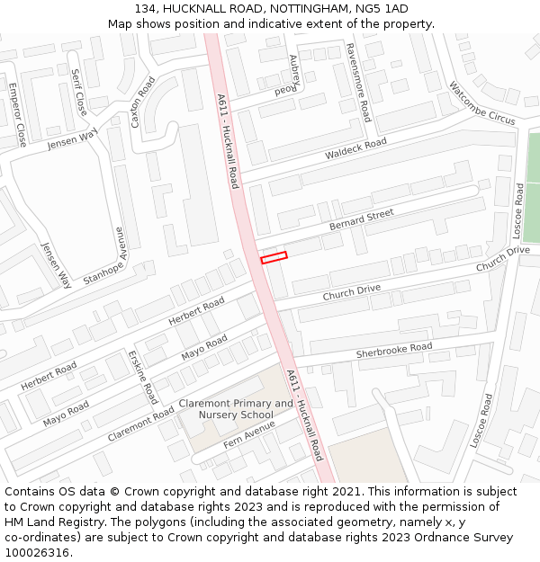 134, HUCKNALL ROAD, NOTTINGHAM, NG5 1AD: Location map and indicative extent of plot