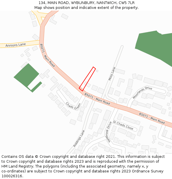 134, MAIN ROAD, WYBUNBURY, NANTWICH, CW5 7LR: Location map and indicative extent of plot