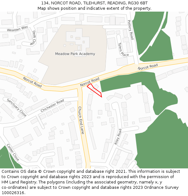 134, NORCOT ROAD, TILEHURST, READING, RG30 6BT: Location map and indicative extent of plot