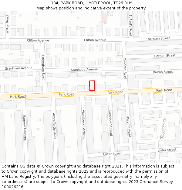 134, PARK ROAD, HARTLEPOOL, TS26 9HY: Location map and indicative extent of plot