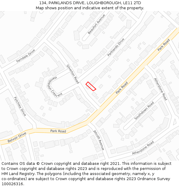 134, PARKLANDS DRIVE, LOUGHBOROUGH, LE11 2TD: Location map and indicative extent of plot