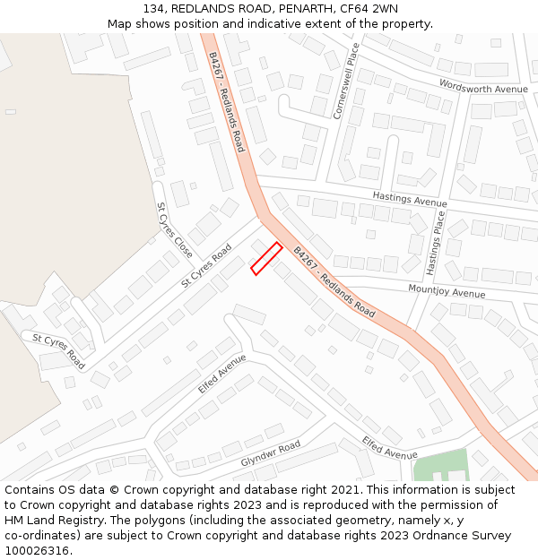 134, REDLANDS ROAD, PENARTH, CF64 2WN: Location map and indicative extent of plot