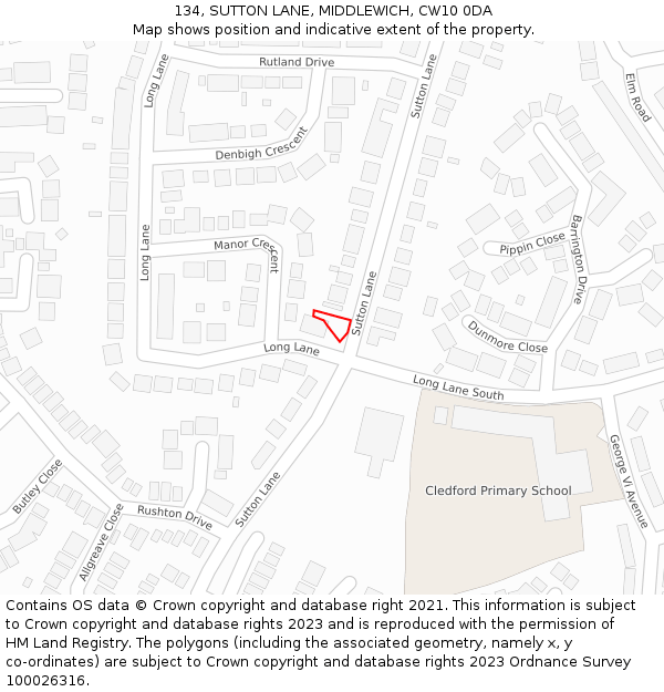 134, SUTTON LANE, MIDDLEWICH, CW10 0DA: Location map and indicative extent of plot