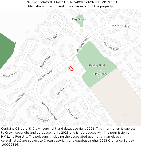 134, WORDSWORTH AVENUE, NEWPORT PAGNELL, MK16 8RN: Location map and indicative extent of plot