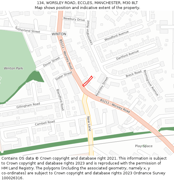 134, WORSLEY ROAD, ECCLES, MANCHESTER, M30 8LT: Location map and indicative extent of plot