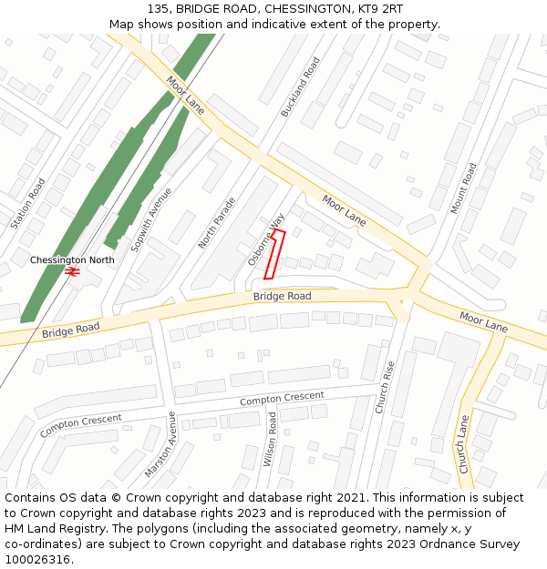 135, BRIDGE ROAD, CHESSINGTON, KT9 2RT: Location map and indicative extent of plot