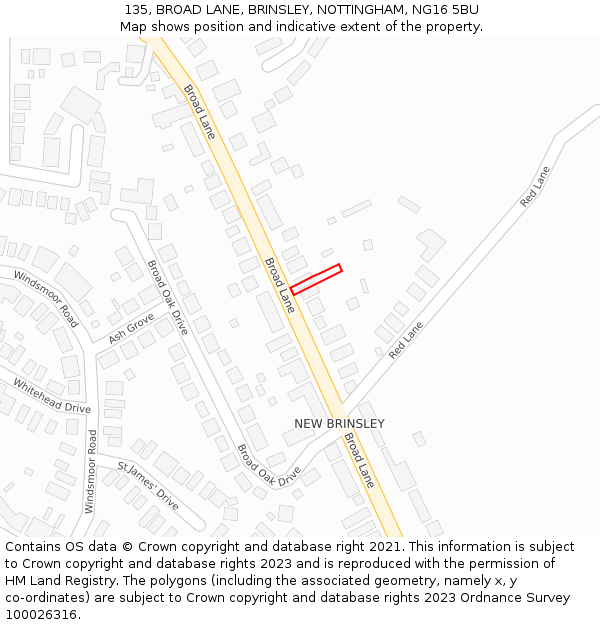 135, BROAD LANE, BRINSLEY, NOTTINGHAM, NG16 5BU: Location map and indicative extent of plot