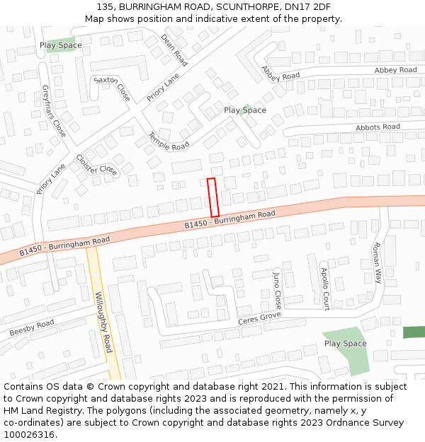 135, BURRINGHAM ROAD, SCUNTHORPE, DN17 2DF: Location map and indicative extent of plot