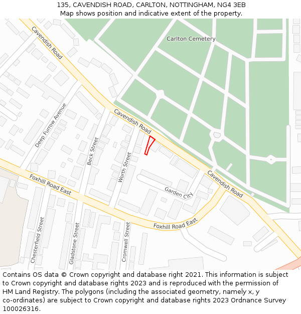 135, CAVENDISH ROAD, CARLTON, NOTTINGHAM, NG4 3EB: Location map and indicative extent of plot