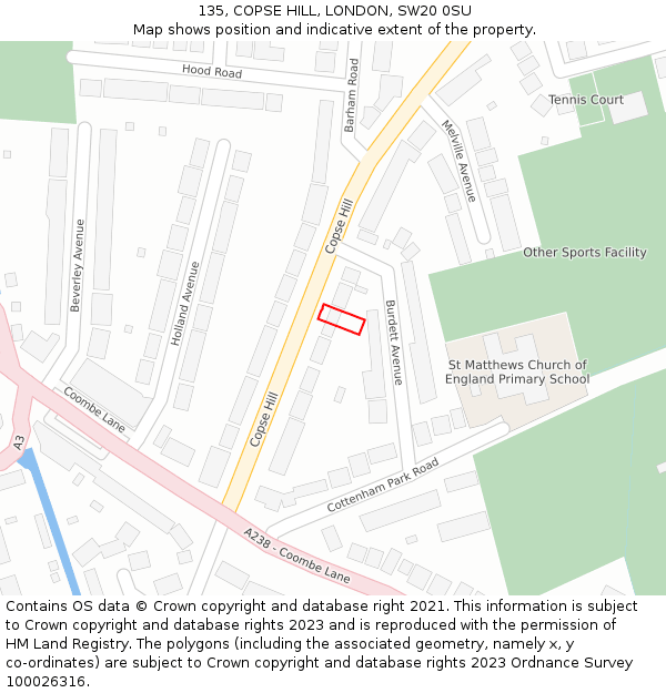 135, COPSE HILL, LONDON, SW20 0SU: Location map and indicative extent of plot