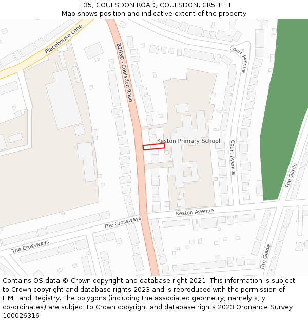 135, COULSDON ROAD, COULSDON, CR5 1EH: Location map and indicative extent of plot