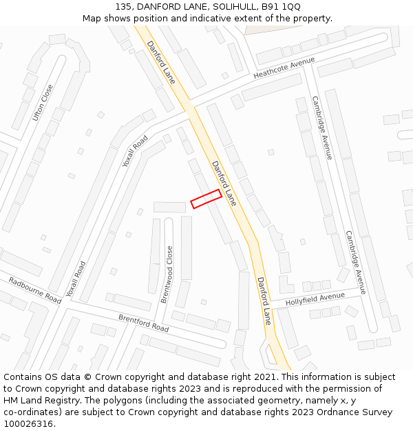 135, DANFORD LANE, SOLIHULL, B91 1QQ: Location map and indicative extent of plot