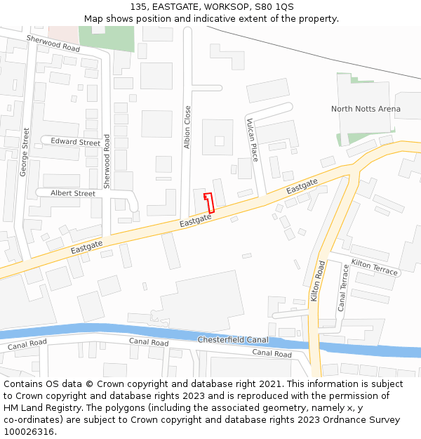 135, EASTGATE, WORKSOP, S80 1QS: Location map and indicative extent of plot