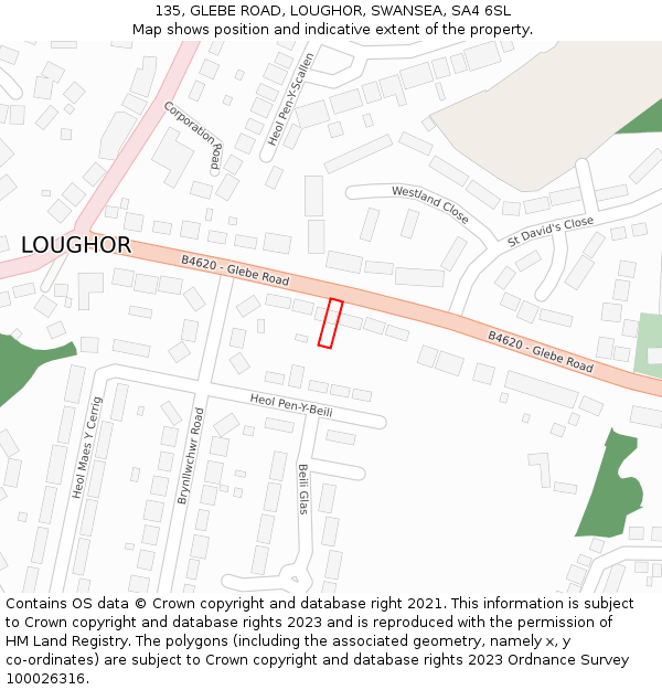 135, GLEBE ROAD, LOUGHOR, SWANSEA, SA4 6SL: Location map and indicative extent of plot