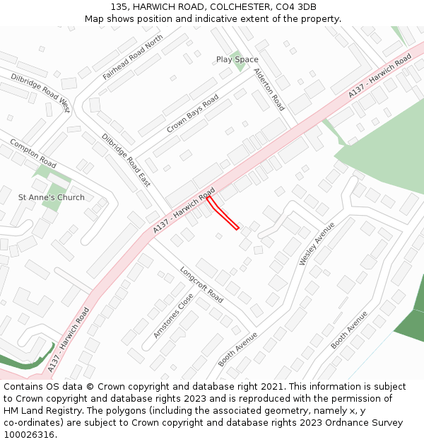 135, HARWICH ROAD, COLCHESTER, CO4 3DB: Location map and indicative extent of plot