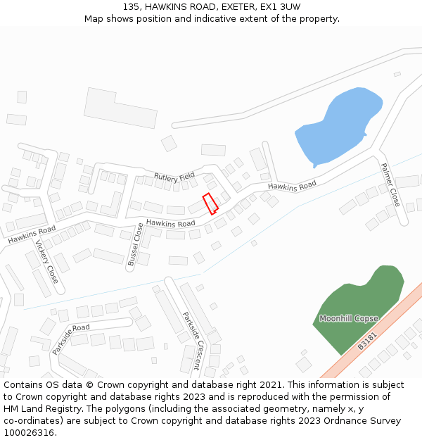 135, HAWKINS ROAD, EXETER, EX1 3UW: Location map and indicative extent of plot