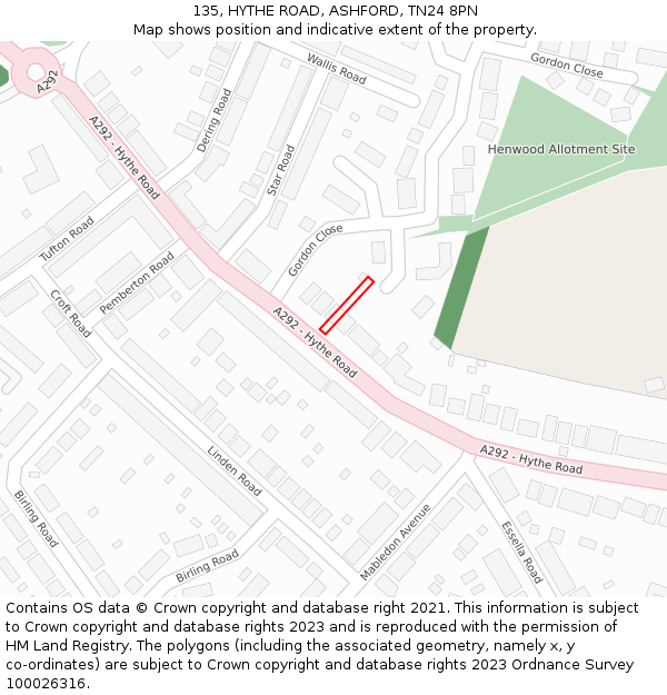 135, HYTHE ROAD, ASHFORD, TN24 8PN: Location map and indicative extent of plot