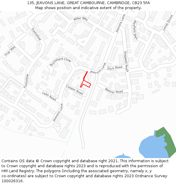 135, JEAVONS LANE, GREAT CAMBOURNE, CAMBRIDGE, CB23 5FA: Location map and indicative extent of plot