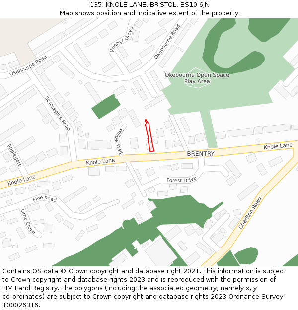 135, KNOLE LANE, BRISTOL, BS10 6JN: Location map and indicative extent of plot