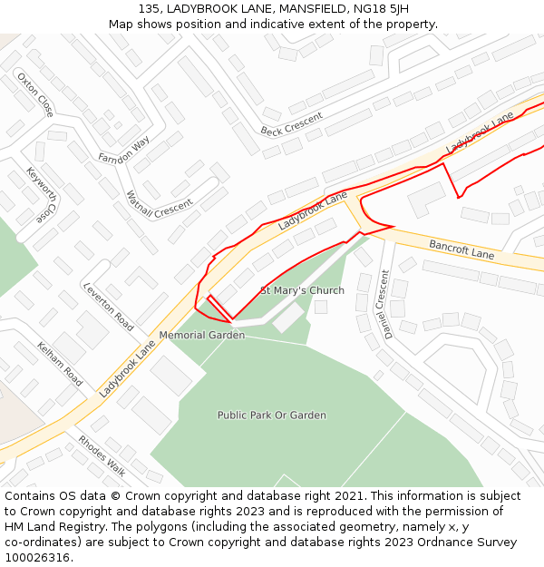 135, LADYBROOK LANE, MANSFIELD, NG18 5JH: Location map and indicative extent of plot