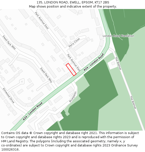 135, LONDON ROAD, EWELL, EPSOM, KT17 2BS: Location map and indicative extent of plot