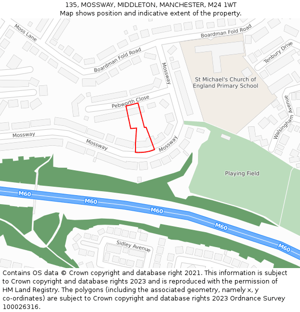 135, MOSSWAY, MIDDLETON, MANCHESTER, M24 1WT: Location map and indicative extent of plot