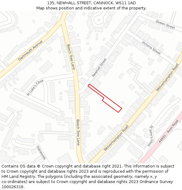 135, NEWHALL STREET, CANNOCK, WS11 1AD: Location map and indicative extent of plot