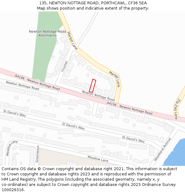 135, NEWTON NOTTAGE ROAD, PORTHCAWL, CF36 5EA: Location map and indicative extent of plot
