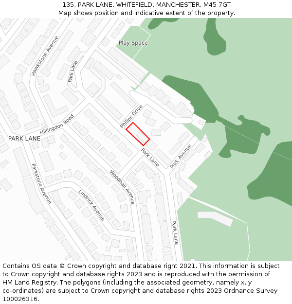 135, PARK LANE, WHITEFIELD, MANCHESTER, M45 7GT: Location map and indicative extent of plot