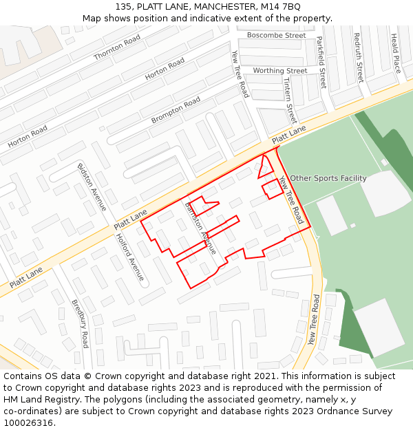 135, PLATT LANE, MANCHESTER, M14 7BQ: Location map and indicative extent of plot