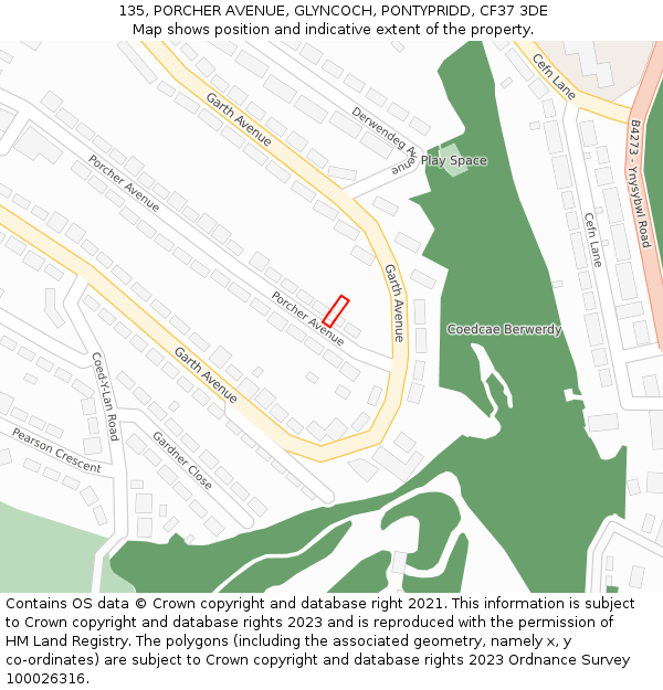 135, PORCHER AVENUE, GLYNCOCH, PONTYPRIDD, CF37 3DE: Location map and indicative extent of plot