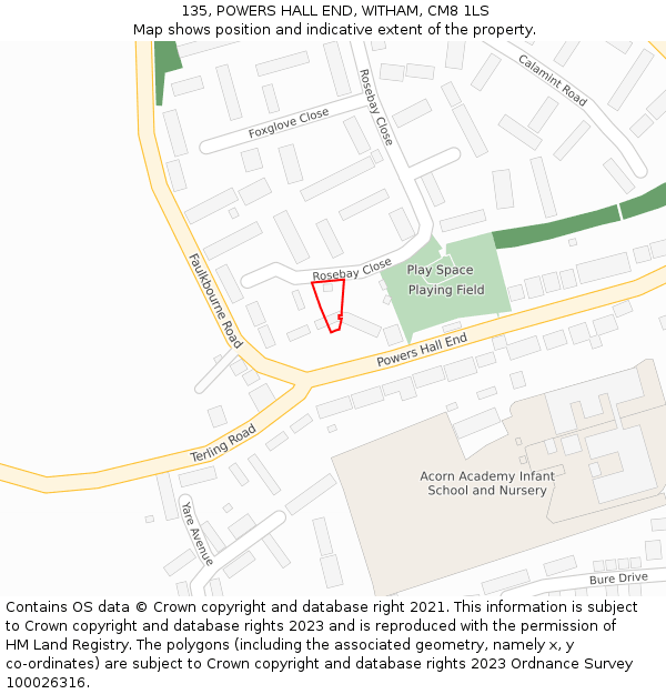 135, POWERS HALL END, WITHAM, CM8 1LS: Location map and indicative extent of plot