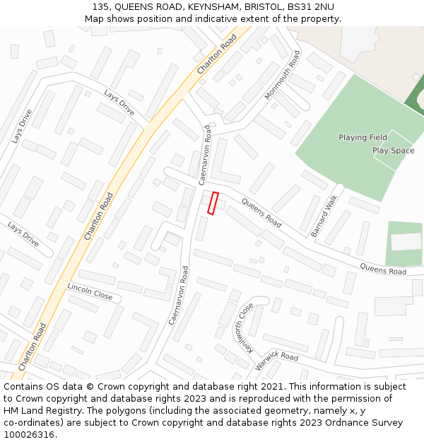 135, QUEENS ROAD, KEYNSHAM, BRISTOL, BS31 2NU: Location map and indicative extent of plot