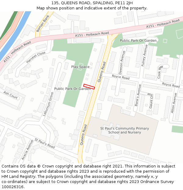 135, QUEENS ROAD, SPALDING, PE11 2JH: Location map and indicative extent of plot