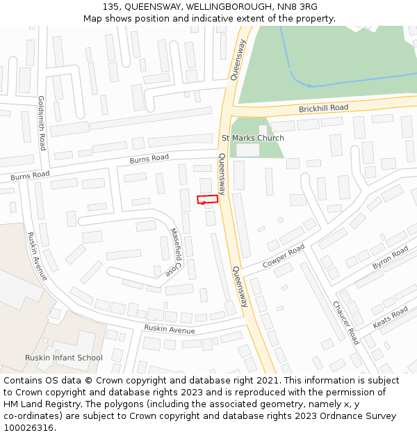 135, QUEENSWAY, WELLINGBOROUGH, NN8 3RG: Location map and indicative extent of plot