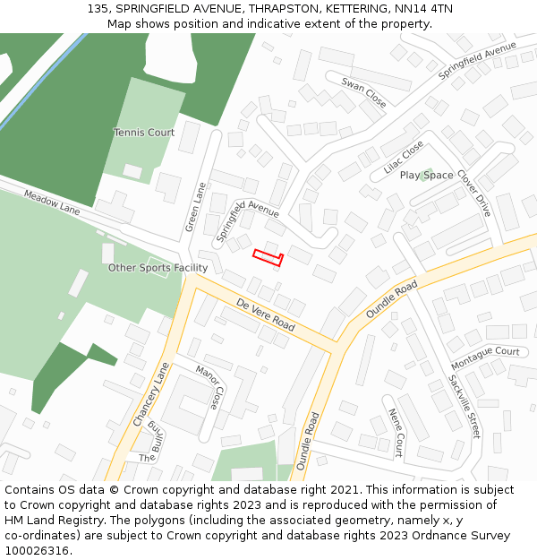 135, SPRINGFIELD AVENUE, THRAPSTON, KETTERING, NN14 4TN: Location map and indicative extent of plot