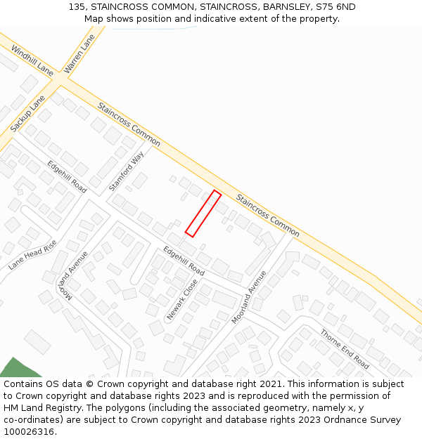 135, STAINCROSS COMMON, STAINCROSS, BARNSLEY, S75 6ND: Location map and indicative extent of plot