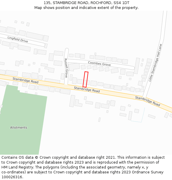 135, STAMBRIDGE ROAD, ROCHFORD, SS4 1DT: Location map and indicative extent of plot