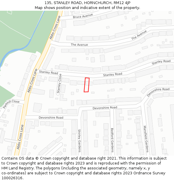 135, STANLEY ROAD, HORNCHURCH, RM12 4JP: Location map and indicative extent of plot