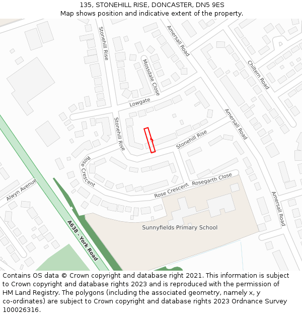 135, STONEHILL RISE, DONCASTER, DN5 9ES: Location map and indicative extent of plot