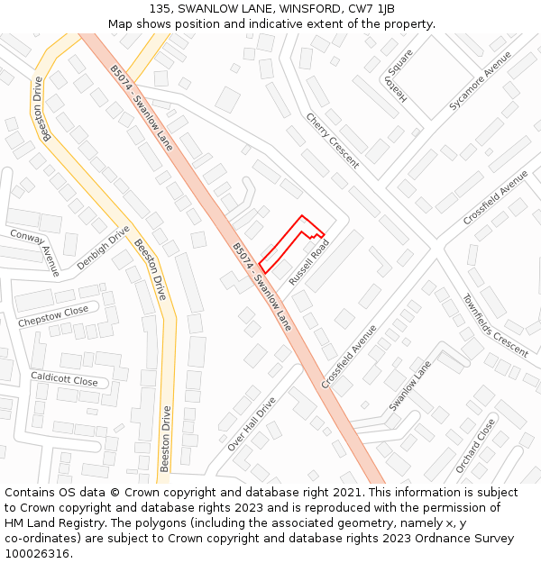 135, SWANLOW LANE, WINSFORD, CW7 1JB: Location map and indicative extent of plot