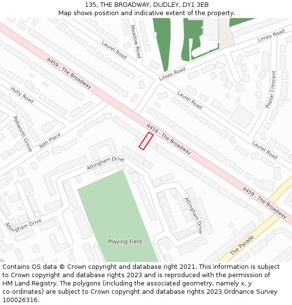 135, THE BROADWAY, DUDLEY, DY1 3EB: Location map and indicative extent of plot