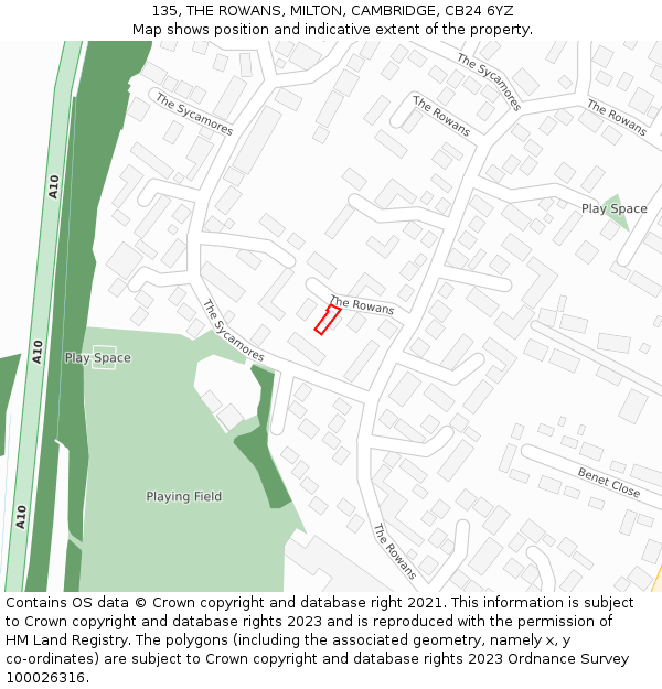 135, THE ROWANS, MILTON, CAMBRIDGE, CB24 6YZ: Location map and indicative extent of plot