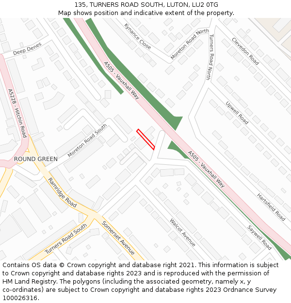 135, TURNERS ROAD SOUTH, LUTON, LU2 0TG: Location map and indicative extent of plot