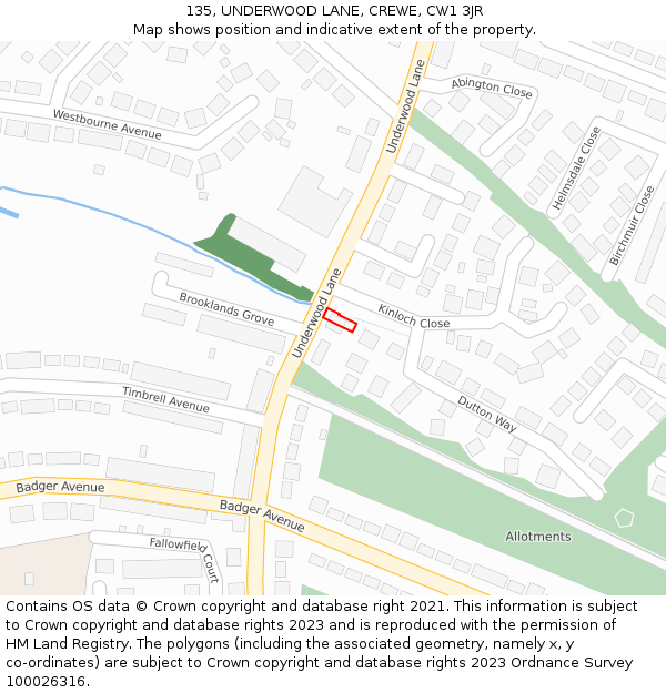 135, UNDERWOOD LANE, CREWE, CW1 3JR: Location map and indicative extent of plot